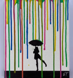 Girl Under Umbrella and Rainbow Rain